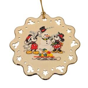 Lenox China Disney Mickey Minnie Building Snowman Flat Cream  Gold 3.4" Tall